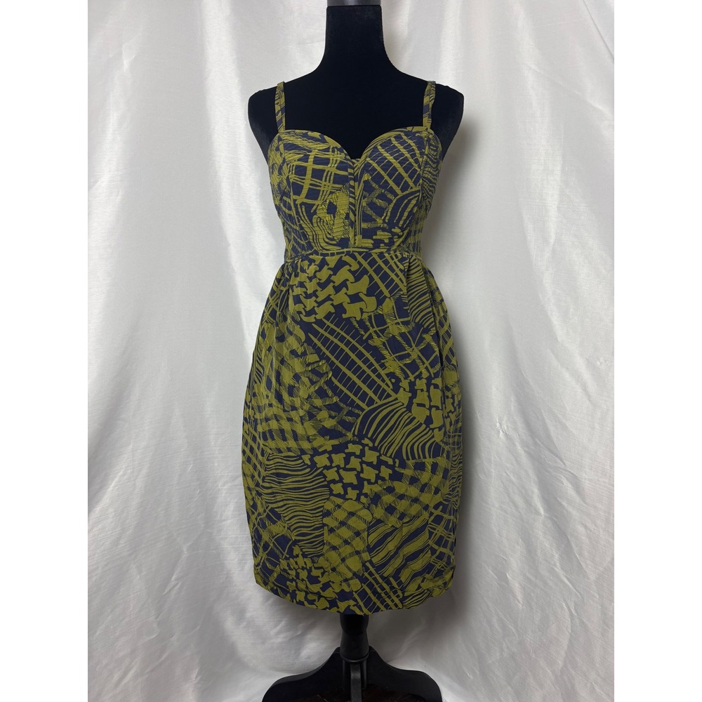 Maple Silk Midi Dress Womens Size XS Green Navy Blue Geometric Pockets Y2K Boho
